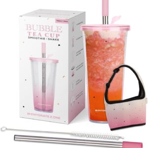 Boba Cup Bubble Tea Cup 700ml Wide Mouth Smoothie Cups With Lid & Straws  With White Cleaning Brush Nice